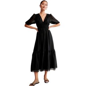 Abercrombie & Fitch black floaty plunge midi dress tiered puff sleeves